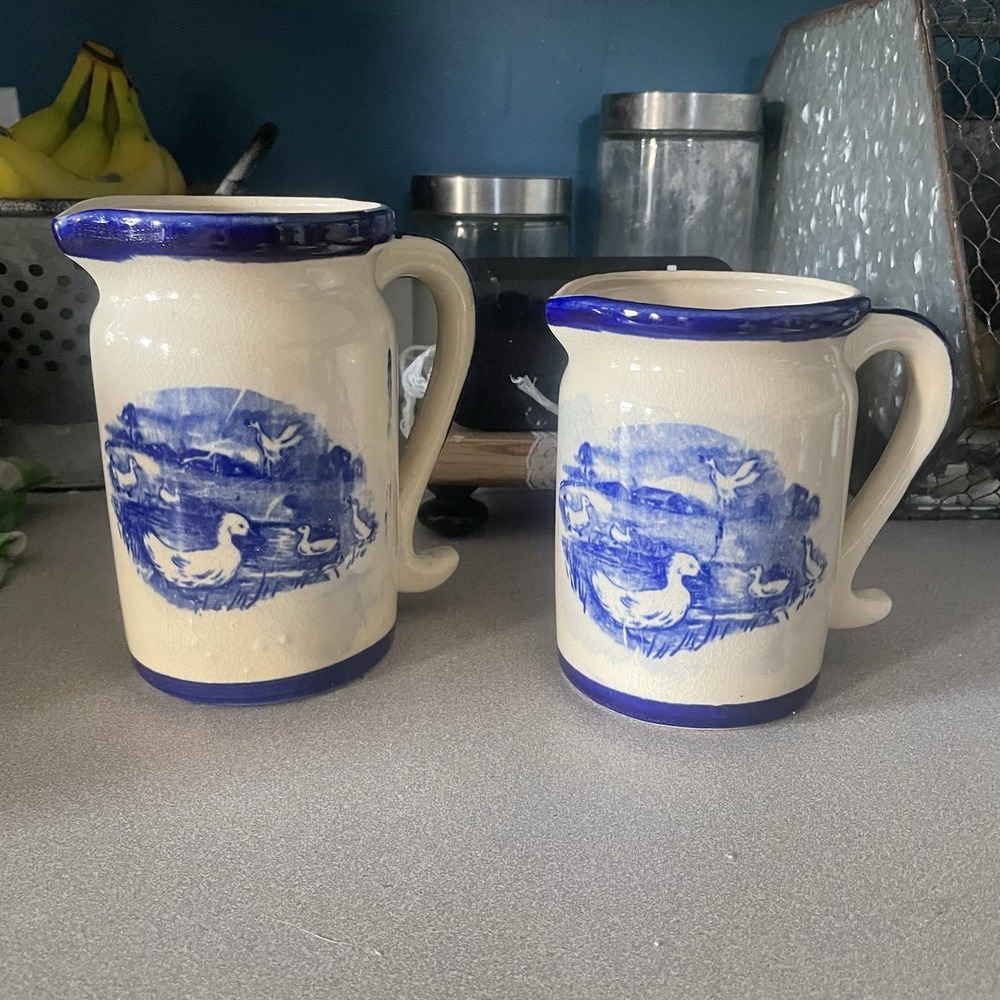 Vintage Blue And White Goose Pitcher Set Pottery 6.5" & 5.5" Tall